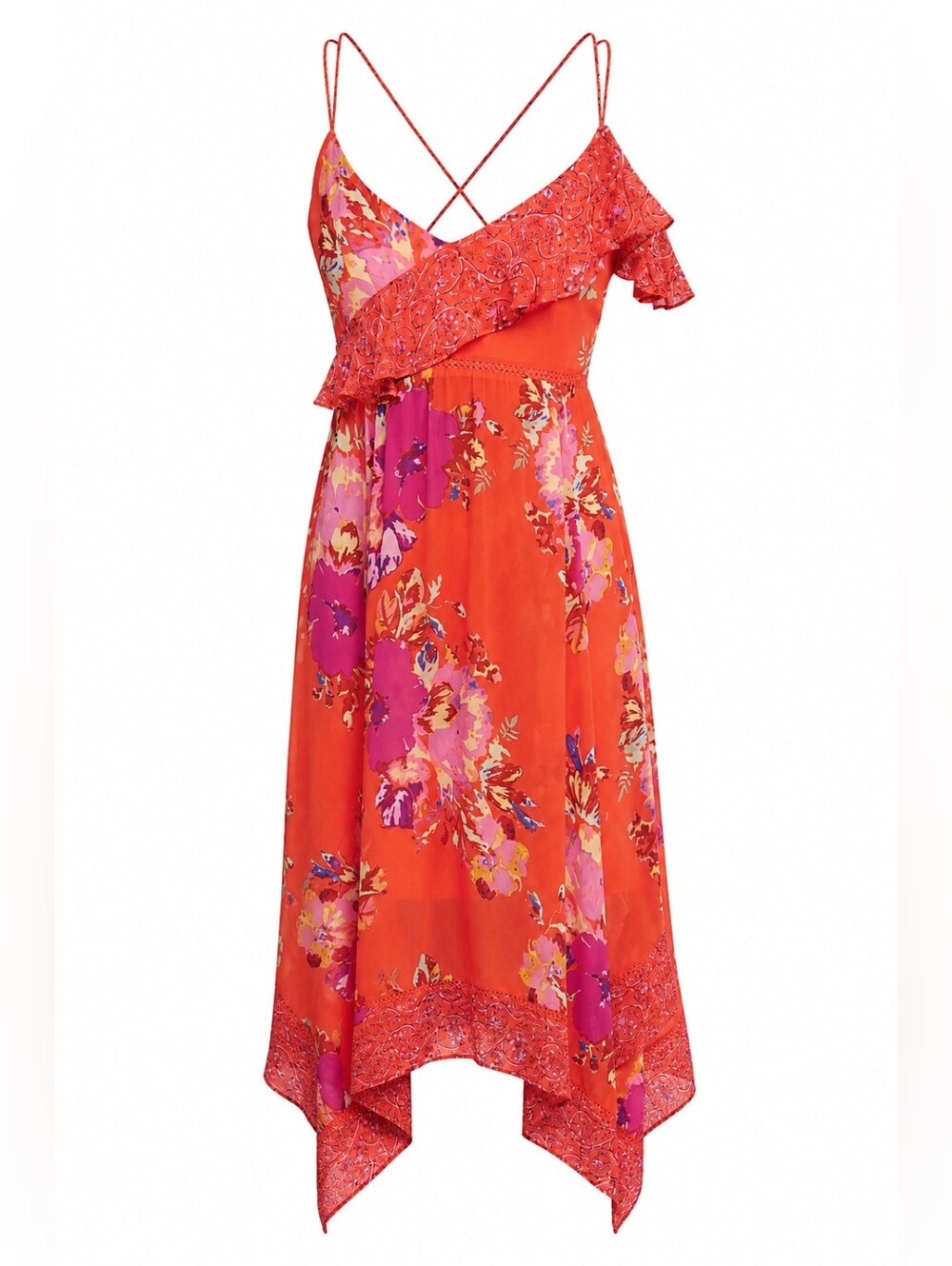 Anthropologie Maeve Grecia Dress Tomato Red Floral Handkerchief Hem Midi, 10